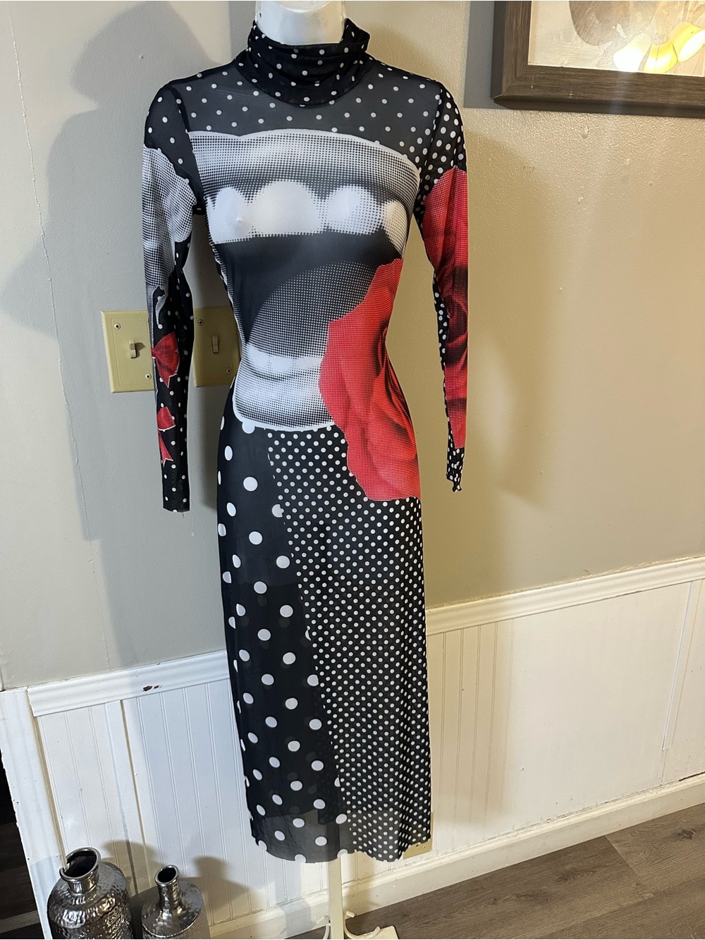 AFRM Black-and-White Polka Maxi Dress with Red Rose Detail